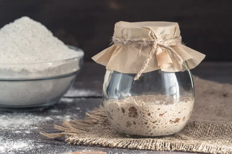 Sauerteig Starter im Glas mit Bläschen und Volumenanstieg.
